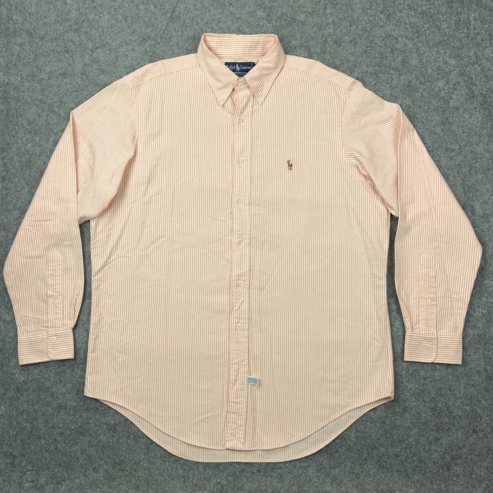 Ralph Lauren Shirt Men 16.5 35 Orange Striped Flesh Pony Long Sleeve Button Down - Picture 2 of 11